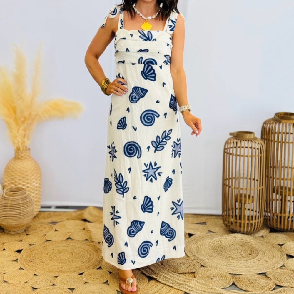 Blue and White Stars & Shells Maxi Dress